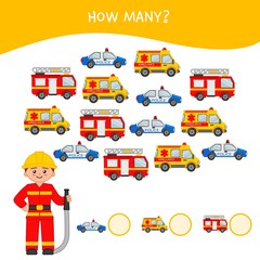 Counting educational children game, math kids activity sheet. How many objects task. Cartoon fireman and cars.