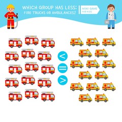 Counting educational children game, math kids activity sheet. How many objects task. Cartoon fireman and doctor. 