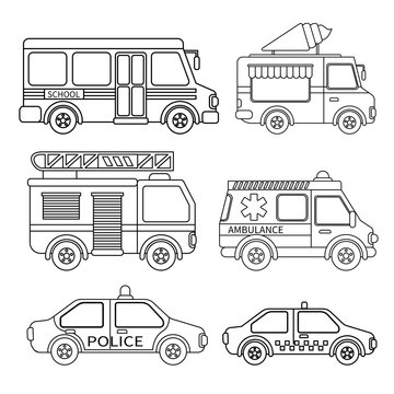 Vector set of special transport. Coloring book  for kids.