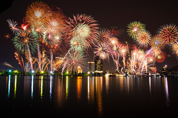 Colorful of fireworks in Happy New Year 2019 holiday festival