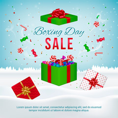 Vector Boxing Day sale banner with gift boxes on winter background and text.