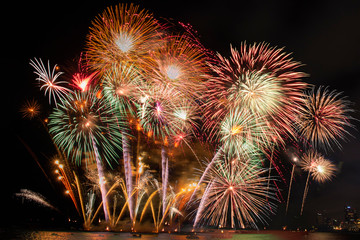 Colorful of fireworks in Happy New Year 2019 holiday festival