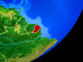 French Guiana on planet Earth with country borders and highly detailed planet surface.