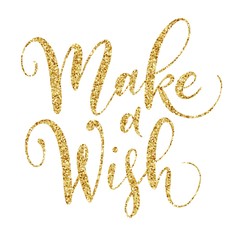 Make a wish brush hand lettering with golden glitter texture, isolated on white background. Vector type illustration. Can be used for holidays festive design.
