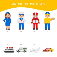 Matching children educational game. Match of profession and equipment . Activity for pre sсhool years kids and toddlers.