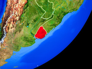 Uruguay on planet Earth with country borders and highly detailed planet surface.