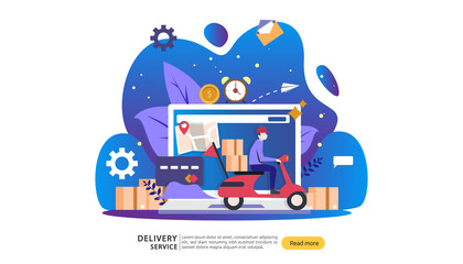 Fototapeta na wymiar Online Delivery service. order express tracking concept with tiny character and cargo box truck. template for web landing page, banner, presentation, social media and print media. Vector illustration.