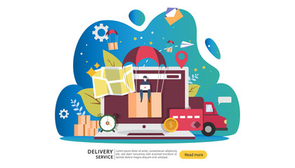 Online Delivery service. order express tracking concept with tiny character and cargo box truck. template for web landing page, banner, presentation, social media and print media. Vector illustration.