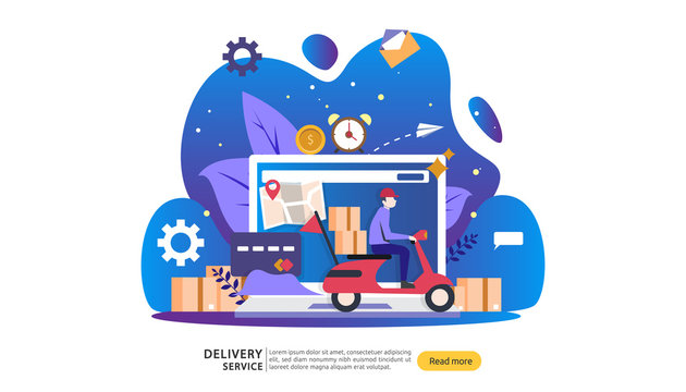 Online Delivery service. order express tracking concept with tiny character and cargo box truck. template for web landing page, banner, presentation, social media and print media. Vector illustration.