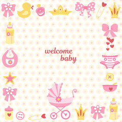 Cute Baby shower card with baby things.Diaper,carriage,pin,duck,