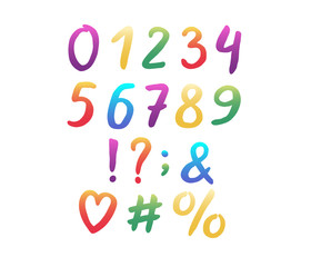 Alphabet modern design. Hand brush font. Rainbow color. Numbers and punctuation marks. EPS 10