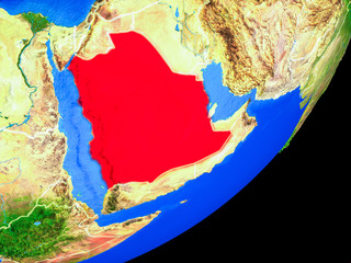 Saudi Arabia on planet Earth with country borders and highly detailed planet surface.