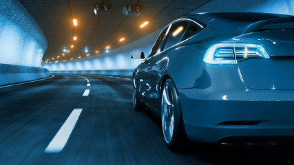 Modern Electric car rides through tunnel with warm yellow light 3d rendering - obrazy, fototapety, plakaty