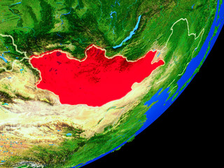 Mongolia on planet Earth with country borders and highly detailed planet surface.