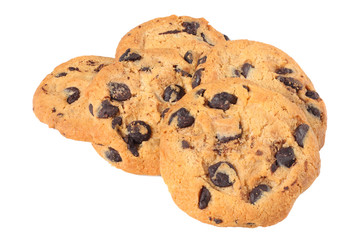 Chocolate chip cookies isolated on white background. Sweet biscuits. Homemade pastry.