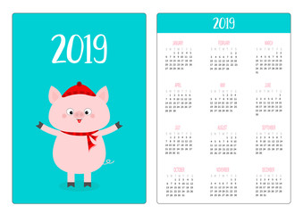 Pig in red winter hat and scarf. Simple pocket calendar layout 2019 new year. Week starts Sunday. Cute cartoon character. Vertical orientation. Flat design. Blue background.