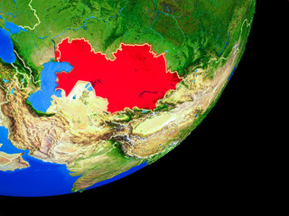 Kazakhstan on planet Earth with country borders and highly detailed planet surface.