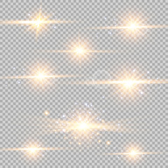 Vector illustration of abstract flare light rays. A set of stars, light and radiance, rays and brightness. Glow light effect. Vector illustration. Christmas flash Concept.