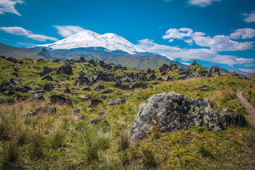 Elbrus landscape view - the highest peak of Russia and Europe. Amazing perspective of caucasian snow mountain or volcano Elbrus with green fields, blue sky background