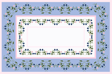 Pattern for embroidery of blue tablecloth with pink and white inserts of bouquets with blue and pink flowers on twisted stems



