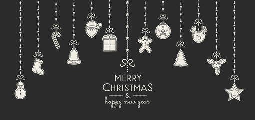 Merry Christmas and Happy New Year - greeting card with hanging ornaments. Vector.