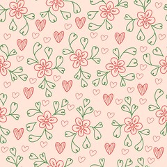 Floral hand drawn seamless pattern with heart shaped leaves.