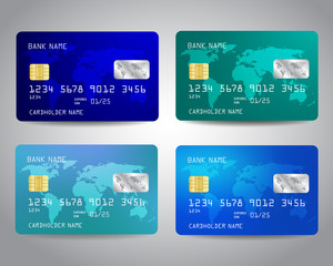 Realistic detailed credit cards set with colorful abstract design background with world map