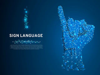 Sign language I letter, hand that use the visual-manual modality to convey meaning. Polygonal space low poly style. People silent communication. Connection wireframe. Vector on dark blue background