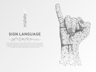 Origami Sign language I letter, hand that use the visual-manual modality to convey meaning. Polygonal space low poly style. People silent communication. Connection wireframe Vector on white background