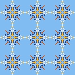 Blue italian ceramic tile seamless pattern backgrounds. Traditional ornate talavera decorative color tiles azulejos. Spanish, Italian, Portuguese, Turkish motifs floral mosaic. Ethnic ornament vector
