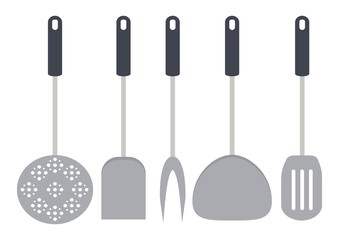 Kitchen tools and restaurant utensils isolated on white backgroud. Spatula, whisk, fork, ladle, cheese slicer, skimmer and sieve. Vector illustration