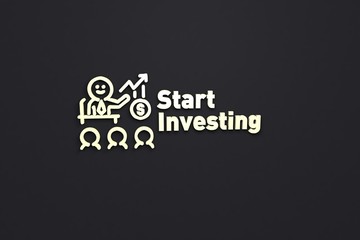 3D illustration of Start Investing, yellow color and yellow text with dark background.
