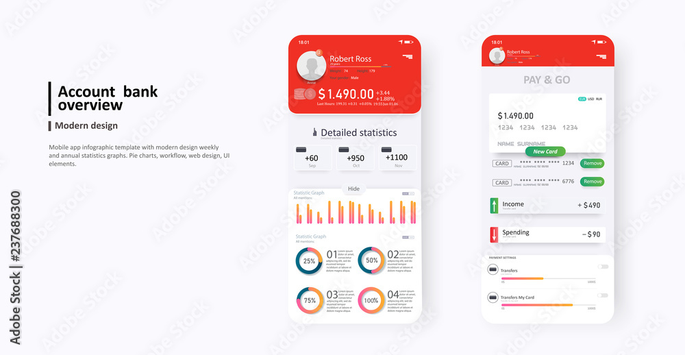 Poster mobile banking app ui kit for responsive application. modern user interface screen template for mobi