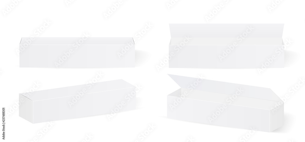 Aufkleber set of long white cardboard boxes isolated on white background. set of blank product packaging boxes