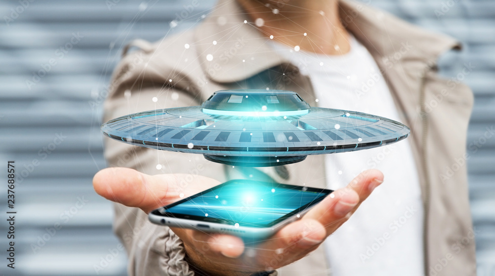 Poster businessman with retro ufo spaceship 3d rendering