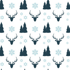 Christmas seamless pattern with blue deers, houses, fir trees, snowflakes and stars on white background. New Year wallpaper.