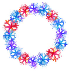 Snowflake Wreath Isolated on White Background. Colorful Watercolor Splash Design for Christmas, New Year, and Winter Holidays Print, Template, Frame, Card, Invitation, and Decoration.