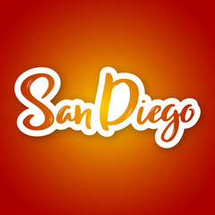 San Diego - hand drawn lettering name of USA city. Sticker with lettering in paper cut style. Vector illustration.