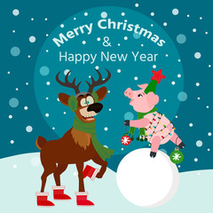 Christmas card with deer and pig. Vector holiday illustration can use  for decoration, greeting cards, invitations.