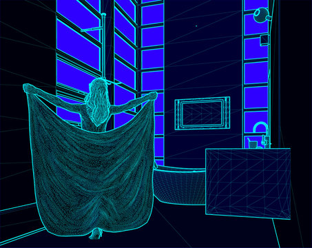 wire frame illustration of a woman covered with a towel in a bathroom