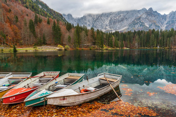 Naklejka premium Autumn sunrise on the lower lake of Fusine. Explosion of colors