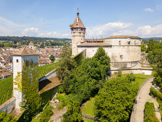 Fototapeta na wymiar Drone photography of the medieval castle Munot in Swiss old town Schaffhausen, Switzerland