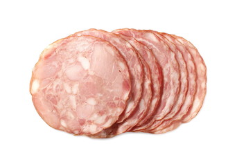 Ham slices isolated on white background, top view
