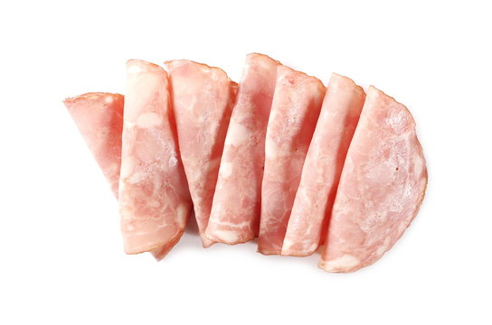 Ham slices isolated on white background, top view