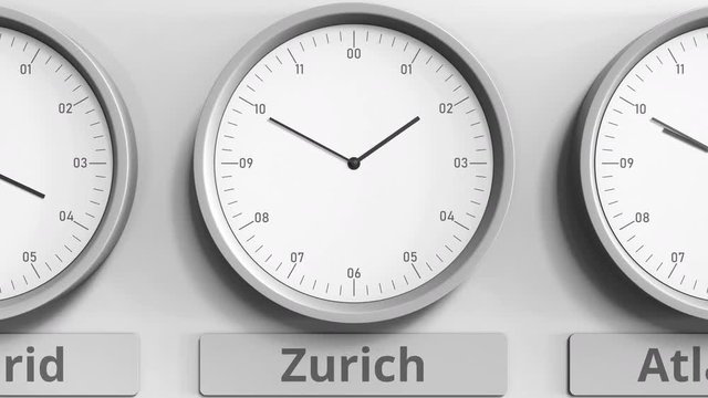 Focus on the clock showing Zurich, Switzerland time. 3D animation