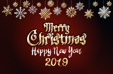 Fototapeta na wymiar vector gold Merry christmas greetings and Happy new year 2019 dark red background. golden snowflakes