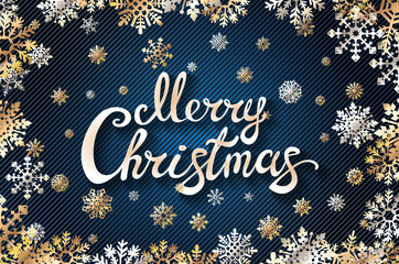 Fototapeta na wymiar vector Merry Chrismas snowflackes. Lettering. Perfect for greetings, invitations, manufacture wrapping paper, textile and web design. Gold. blue background