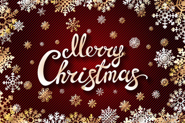 vector gold Merry Chrismas snowflackes. Lettering. Perfect for greetings, invitations, manufacture wrapping paper, textile and web design. red background
