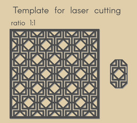 Template for laser cutting. Stencil for panels of wood, metal. Abstract geometric background for cut. Vector illustration. Decorative cards. Ratio 1:1. 