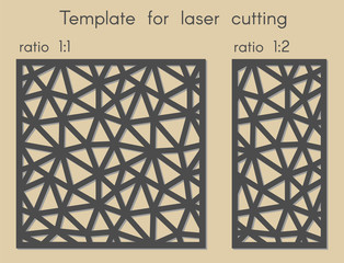 Template for laser cutting. Stencil for panels of wood, metal. Abstract geometric triangular background for cut. Vector illustration. Decorative cards. Ratio 1:1, 1:2. 